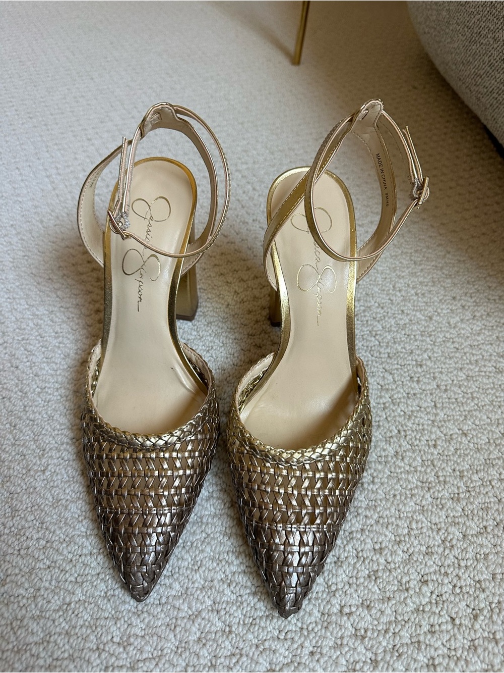 Jessica Simpson Metallic Woven Pointed-Toe Ankle-Strap Heels - Gold and bronze